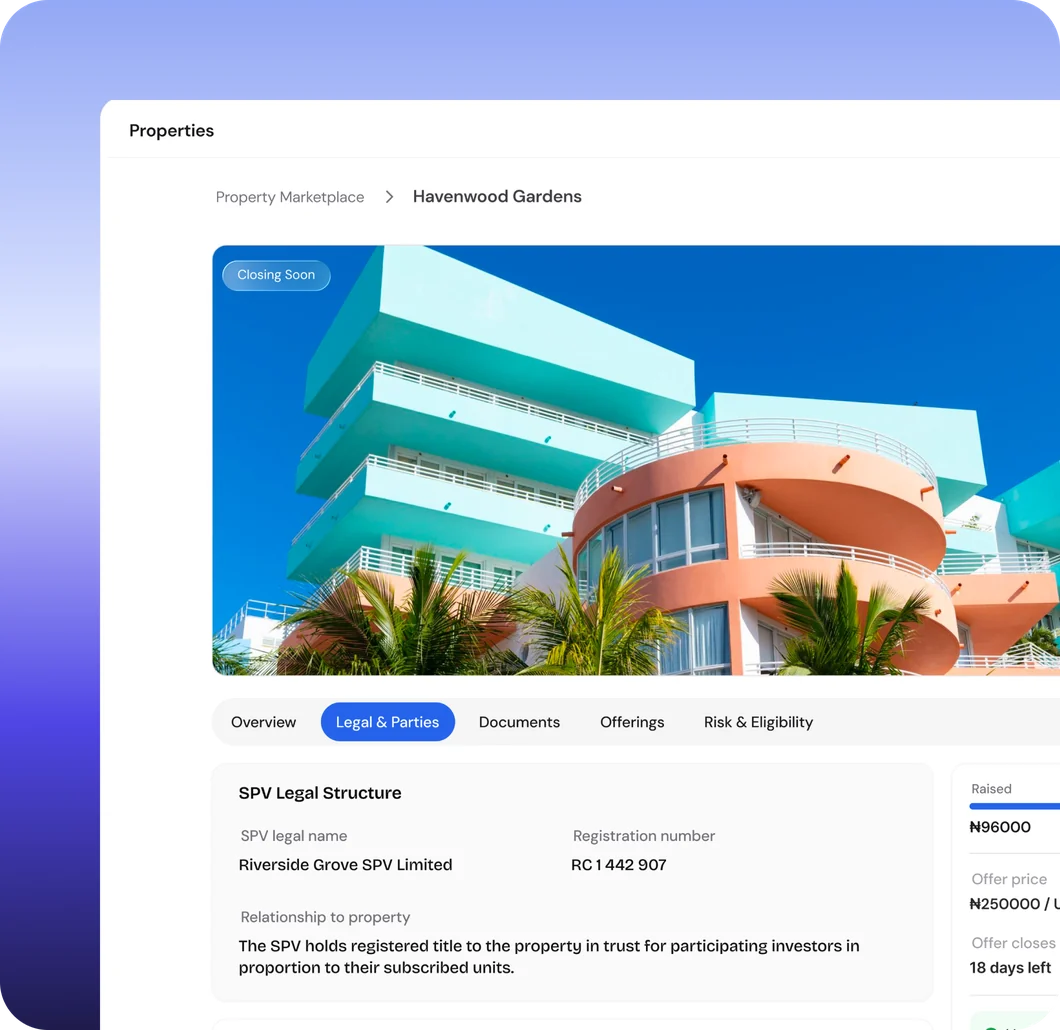 An asset’s legal and parties tab, ready to place an investment