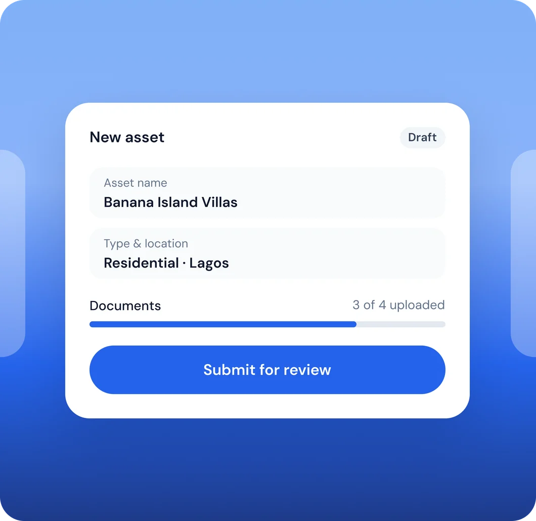 A new asset draft with its documents uploaded, ready to submit for review